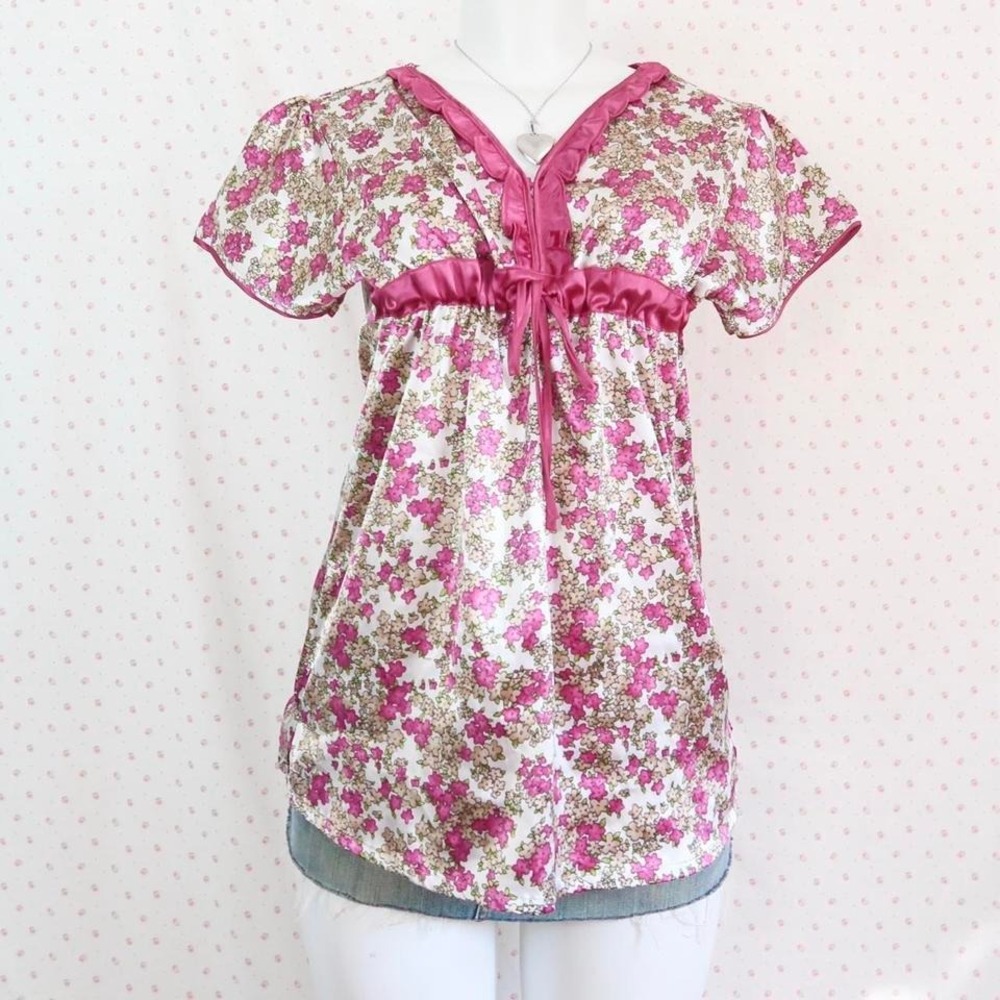 vintage sdl sweet dreams floral satin babydoll top empire waist coquette y2k